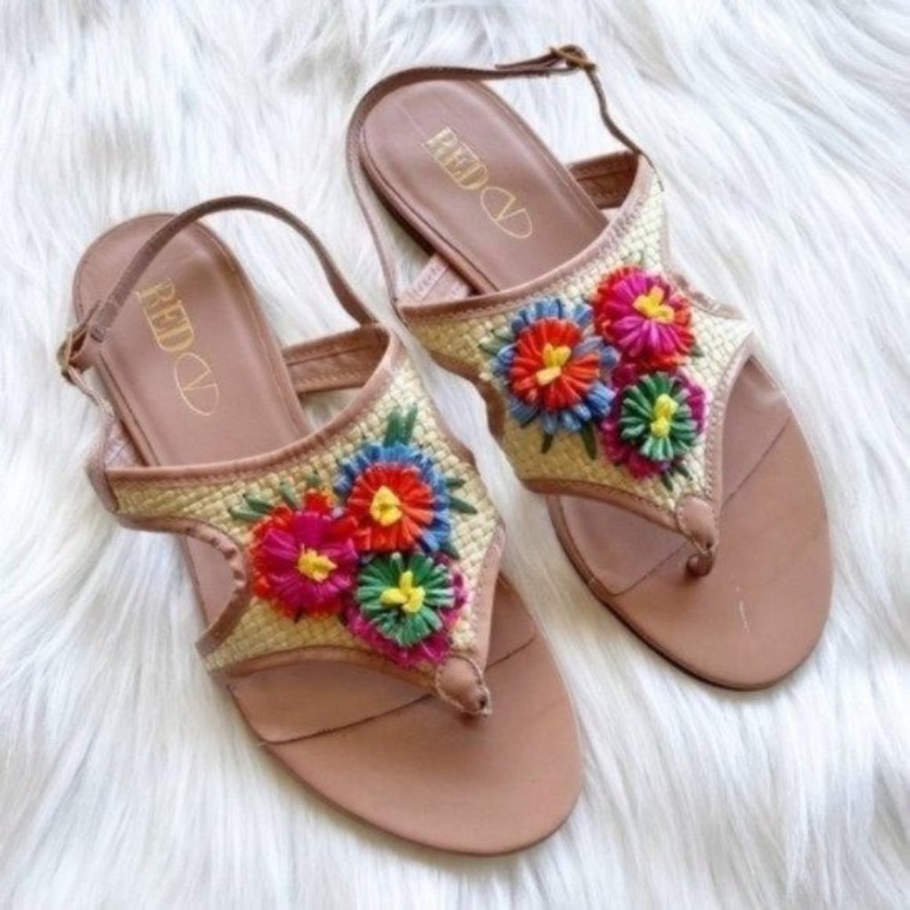 Valentino RED Tan Floral Raffia Slingback Thong Sandal